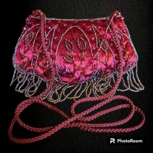 Vintage Style Oxblood Velvet Beaded Scallop Mini Flapper Evening Bag